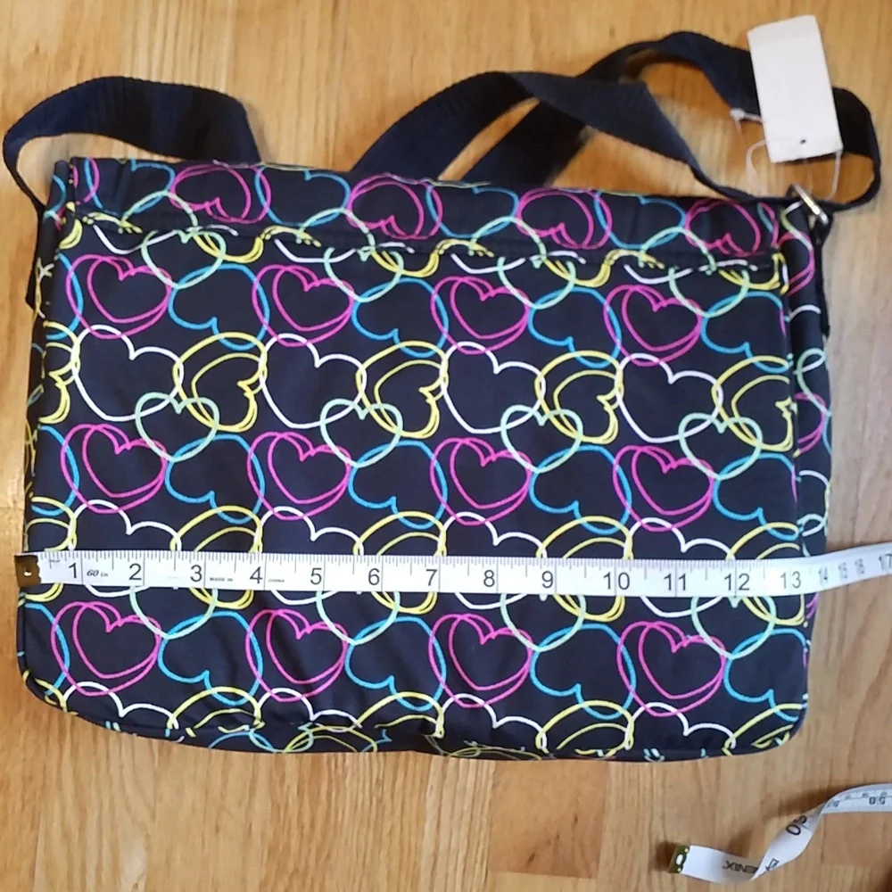 CLAIRE'S NWT MESSENGER/LAPTOP BAG Padded Black Neon Hearts Adj Strap New
